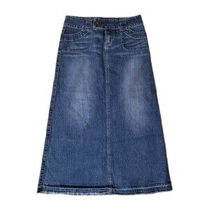 Karma Denim Maxi Skirt Womens 7 Blue Frayed Hem Cowgirl Western Boho Hippie